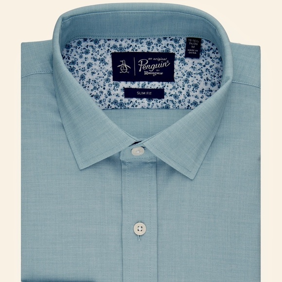 Original Penguin Melange Floral Trim Slim Fit, Aqua, Size 18-18 1/2, 34/35 NWT - Picture 1 of 13
